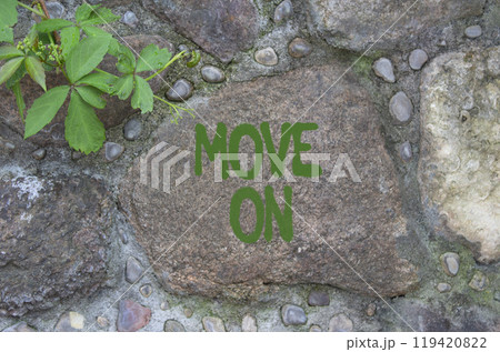 Move on symbol. Stone wall with words Move on. Beautiful stone background. Business and Move on concept. Copy space. 119420822
