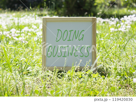 Doing Business symbol. Concept word Doing Business on white chalk background. Beautiful meadow background. Business and Doing Business concept. Copy space 119420830
