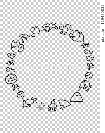Hand-drawn cute New Year's character line drawing Japanese style frame circular monochrome 119420833