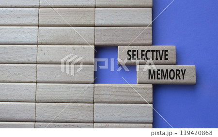 Selective Memory symbol. Concept word Selective Memory on wooden blocks. Beautiful purple background. Medicine and Selective Memory concept. Copy space 119420868