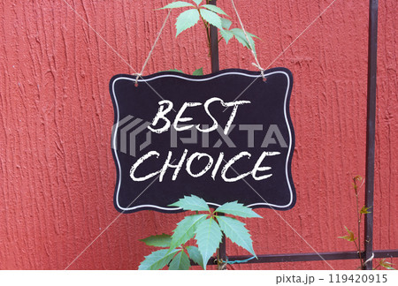 Best choice symbol. Blackboard with words Best choice. Beautiful red background. Business and Best choice concept. Copy space. 119420915