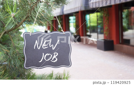 New job symbol. Concept words New job on black chalk background. Beautiful background with shop and tree. Business and New job concept. Copy space. 119420925