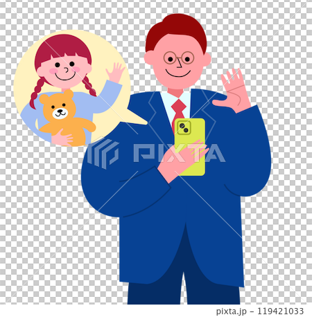 スーツを着たメガネの男性がビデオ通話でクマのぬいぐるみを抱いた幼い娘と会話をする上半身のイラスト スーツを着たメガネの男性がビデオ通話でクマのぬいぐるみを抱いた幼い娘と会話をする上半身のイラスト 119421033
