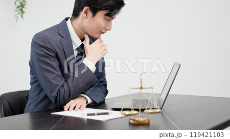 パソコンで調査をするビジネスマン パソコンで調査をするビジネスマン 119421103