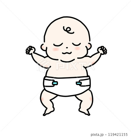 両手をバンザイとあげて大の字に気持ちよく眠る、オムツ姿の愛らしい赤ちゃんイラスト 両手をバンザイとあげて大の字に気持ちよく眠る、オムツ姿の愛らしい赤ちゃんイラスト 119421155