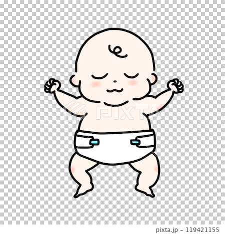 An illustration of an adorable baby in a diaper sleeping comfortably with his arms raised high 119421155
