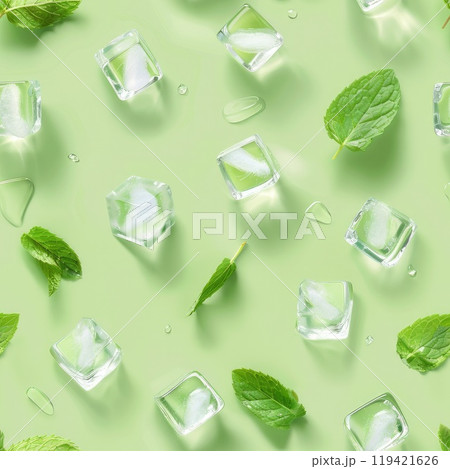 Ice cubes along with fresh mint leaves set against a green background. AI-generated content. 119421626