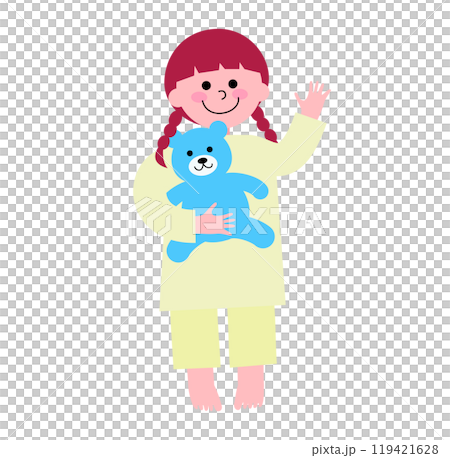 パジャマを着てクマのぬいぐるみを抱いた幼い女の子が笑顔で手を振っている全身のイラスト 119421628