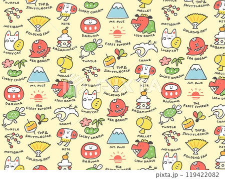 手書きの可愛い正月の縁起物背景 壁紙 縁起物 手書きの可愛い正月の縁起物背景 壁紙 縁起物 119422082