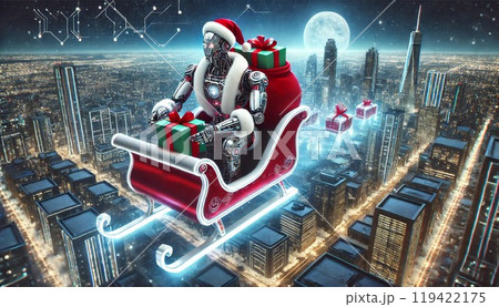未来の都市を飛ぶロボットサンタとソリ 未来の都市を飛ぶロボットサンタとソリ 119422175