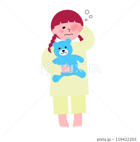 パジャマを着てクマのぬいぐるみを抱いた幼い女の子が眠い目を擦っている全身のイラスト パジャマを着てクマのぬいぐるみを抱いた幼い女の子が眠い目を擦っている全身のイラスト 119422203