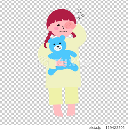 パジャマを着てクマのぬいぐるみを抱いた幼い女の子が眠い目を擦っている全身のイラスト パジャマを着てクマのぬいぐるみを抱いた幼い女の子が眠い目を擦っている全身のイラスト 119422203