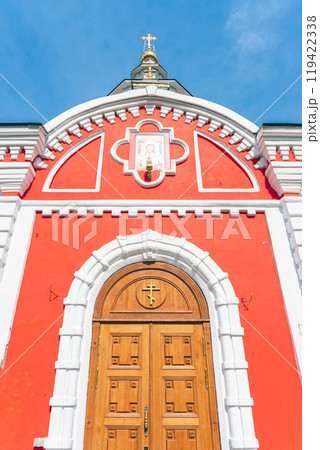 Massive Wooden Entrance Door in Orthodox Church with Arched Design 119422338