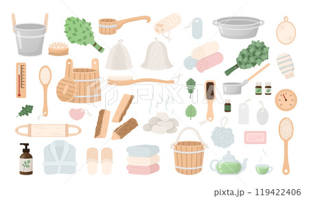 Sauna items set in cartoon flat style. Spa, hammam icons, hand drawn design elements. Vector illustration Sauna items set in cartoon flat style. Spa, hammam icons, hand drawn design elements. Vector illustration 119422406
