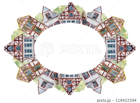 Old European city town street houses, urban exterior facades. Historical cityscape building. Watercolor hand drawn wreath frame. For tourist shops, souvenirs, travel brochures, architectural bureau Old European city town street houses, urban exterior facades. Historical cityscape building. Watercolor hand drawn wreath frame. For tourist shops, souvenirs, travel brochures, architectural bureau 119422594