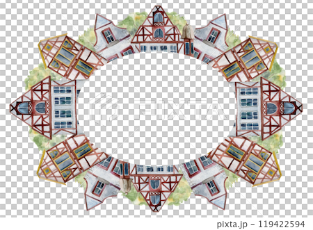 Old European city town street houses, urban exterior facades. Historical cityscape building. Watercolor hand drawn wreath frame. For tourist shops, souvenirs, travel brochures, architectural bureau Old European city town street houses, urban exterior facades. Historical cityscape building. Watercolor hand drawn wreath frame. For tourist shops, souvenirs, travel brochures, architectural bureau 119422594