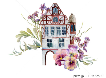 Old European city town street houses facades, bergenia pansy willow flowers. Historical cityscape building. Watercolor hand drawn illustration. Tourist shops, souvenirs, travel brochures, real estate Old European city town street houses facades, bergenia pansy willow flowers. Historical cityscape building. Watercolor hand drawn illustration. Tourist shops, souvenirs, travel brochures, real estate 119422596
