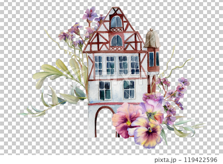 Old European city town street houses facades, bergenia pansy willow flowers. Historical cityscape building. Watercolor hand drawn illustration. Tourist shops, souvenirs, travel brochures, real estate Old European city town street houses facades, bergenia pansy willow flowers. Historical cityscape building. Watercolor hand drawn illustration. Tourist shops, souvenirs, travel brochures, real estate 119422596