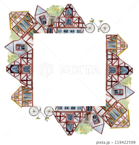 Old European city town street houses, urban exterior facades. Historical cityscape building. Watercolor hand drawn border frame. For tourist shops, souvenirs, travel brochures, architectural bureau Old European city town street houses, urban exterior facades. Historical cityscape building. Watercolor hand drawn border frame. For tourist shops, souvenirs, travel brochures, architectural bureau 119422599