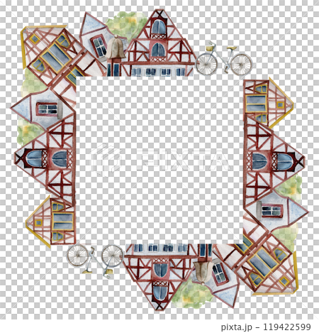 Old European city town street houses, urban exterior facades. Historical cityscape building. Watercolor hand drawn border frame. For tourist shops, souvenirs, travel brochures, architectural bureau 119422599