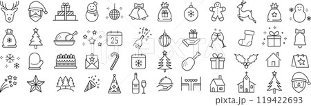 ベクターでモノクロのクリスマスに関する線画アイコンセット 119422693
