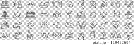 Vector monochrome line icon set about happiness Vector monochrome line icon set about happiness 119422694