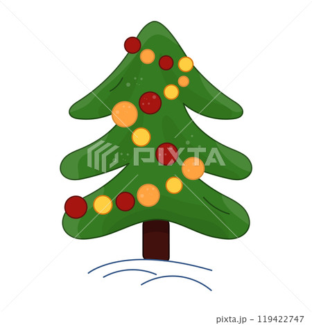 Doodle green Christmas tree with balls, garland, decorations. Evergreen plant pine vector color illustration. Genus of coniferous evergreen trees. 119422747