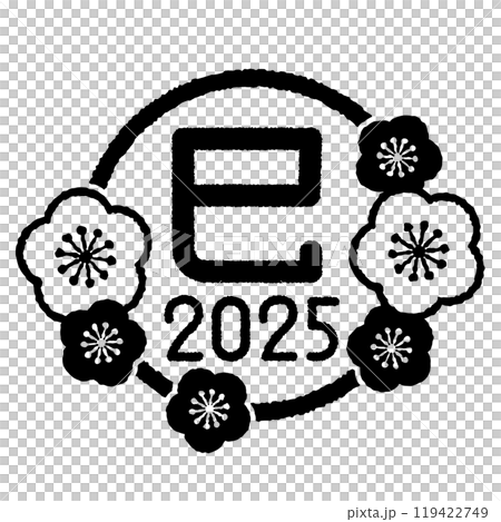 Snake Year lettering and plum blossom frame, stamp style, 2025 Snake Year lettering and plum blossom frame, stamp style, 2025 119422749