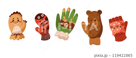 Funny animal shaped knitted mittens flat vector objects set 119422865
