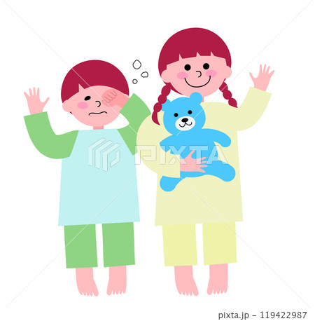 パジャマを着てクマのぬいぐるみを抱いた幼い女の子が笑顔で手を振って、弟が眠い目を擦っている全身のイラ 119422987