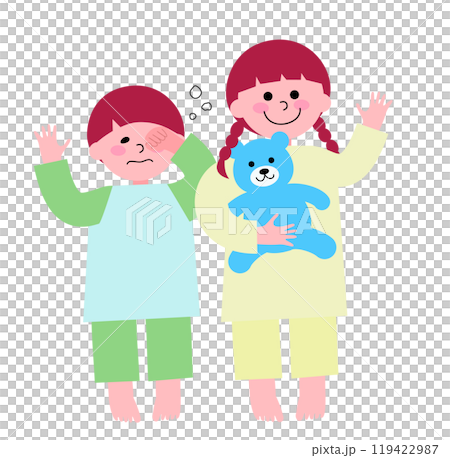 パジャマを着てクマのぬいぐるみを抱いた幼い女の子が笑顔で手を振って、弟が眠い目を擦っている全身のイラ 119422987