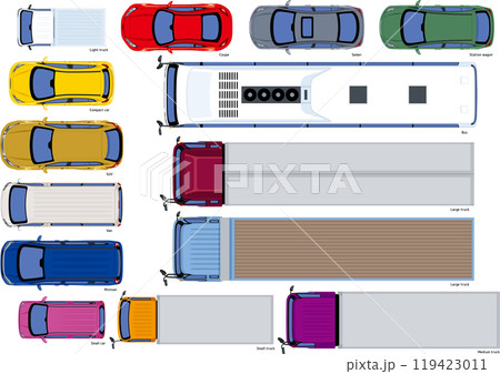 上から見たいろいろな車種の自動車イラストセット 上から見たいろいろな車種の自動車イラストセット 119423011
