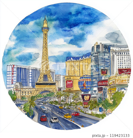 Las Vegas Strip. Las Vegas Strip hand-drawn comic illustration. Vector doodle style cartoon illustration Las Vegas Strip. Las Vegas Strip hand-drawn comic illustration. Vector doodle style cartoon illustration 119423133