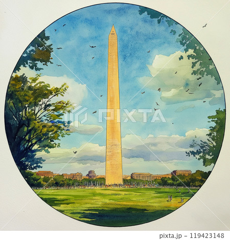 Washington Monument.Washington Monument hand-drawn comic illustration. Vector doodle style cartoon illustration 119423148