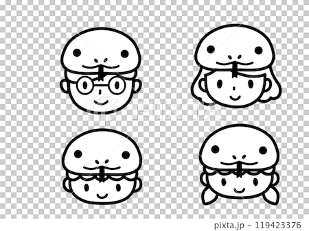 Illustration of a family wearing snake hats, faces only, black and white Illustration of a family wearing snake hats, faces only, black and white 119423376