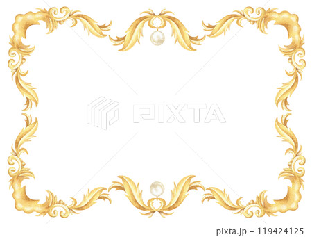 Luxurious gold rectangular frame in watercolor style. Hand drawn ornate design with baroque and victorian swirls. Perfect for vintage cards, elegant invitations. Background for cards Luxurious gold rectangular frame in watercolor style. Hand drawn ornate design with baroque and victorian swirls. Perfect for vintage cards, elegant invitations. Background for cards 119424125