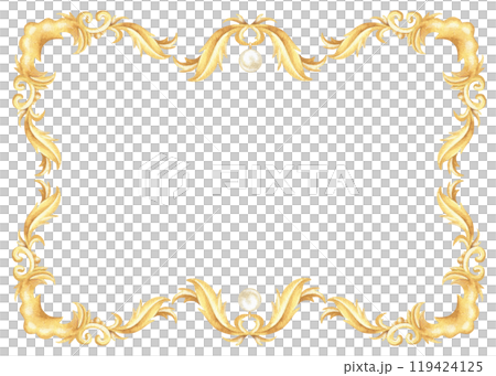 Luxurious gold rectangular frame in watercolor style. Hand drawn ornate design with baroque and victorian swirls. Perfect for vintage cards, elegant invitations. Background for cards Luxurious gold rectangular frame in watercolor style. Hand drawn ornate design with baroque and victorian swirls. Perfect for vintage cards, elegant invitations. Background for cards 119424125