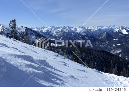 Mountain panorama from Wallberg  mountain, Bavaria, Germany 119424346