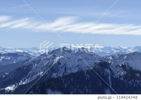 Mountain panorama from Wallberg  mountain, Bavaria, Germany 119424348