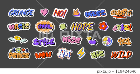 Graffiti stickers. Urban style decals, yes and no, grunge vibes, hope and peace, big, wild and magic, wow, nice and cool word sticker vector illustration set Graffiti stickers. Urban style decals, yes and no, grunge vibes, hope and peace, big, wild and magic, wow, nice and cool word sticker vector illustration set 119424640