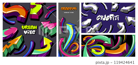 Graffiti arrow banners. Urban vibe street art poster template with dynamic and colorful pointing arrows for social media posts and marketing materials. Vector set Graffiti arrow banners. Urban vibe street art poster template with dynamic and colorful pointing arrows for social media posts and marketing materials. Vector set 119424641