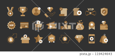 Reward program icons. Golden medals, trophies and loyalty rewards symbols. VIP and premium user badges for customer loyalty programs, promotional offers and membership benefits. Vector set Reward program icons. Golden medals, trophies and loyalty rewards symbols. VIP and premium user badges for customer loyalty programs, promotional offers and membership benefits. Vector set 119424643