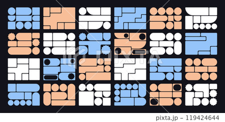 Creative bento grid layouts. Geometric shapes compositions, trendy UI frame template and modern card tiles. Brutal shape pattern and web comics grids vector set Creative bento grid layouts. Geometric shapes compositions, trendy UI frame template and modern card tiles. Brutal shape pattern and web comics grids vector set 119424644