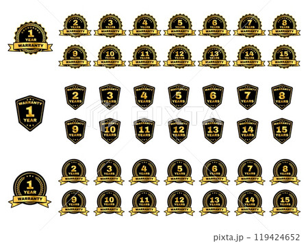 Warranty badge. Golden warranty period stickers with durations from 1 to 15 years. Stamp emblem, shield and circle with gold ribbons. Marketing decals vector set 119424652