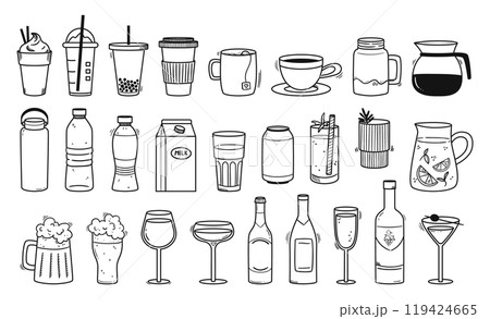 Doodle beverages. Hand drawn drinks, coffee cup, tea mug, smoothies to go, cocktails, wine glasses and bottles. Sodas, milk, cocktails and craft beers vector illustration set 119424665