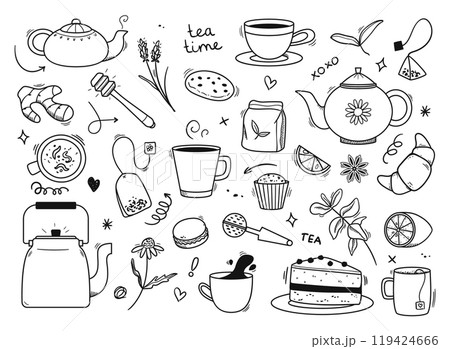 Doodle tea. Hand drawn teapots, cozy cups and hot drink mugs, sweet desserts and tea ceremony culture elements. Playful branding for tea cafe vector illustrations set Doodle tea. Hand drawn teapots, cozy cups and hot drink mugs, sweet desserts and tea ceremony culture elements. Playful branding for tea cafe vector illustrations set 119424666