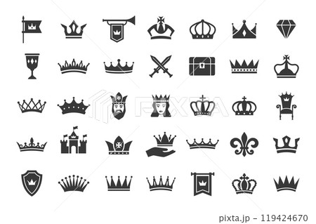 Royal and Regal icons. Crown silhouette, kingdom throne and castle, King coronation and Queen luxury stencil pictograms. Majestic heraldic elements vector set 119424670