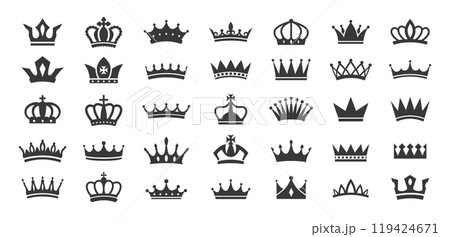 Royal crowns silhouette icons. Queen tiara and King crown, majestic corona authority and premium pictograms. Royalty and luxury stencil vector symbols set Royal crowns silhouette icons. Queen tiara and King crown, majestic corona authority and premium pictograms. Royalty and luxury stencil vector symbols set 119424671
