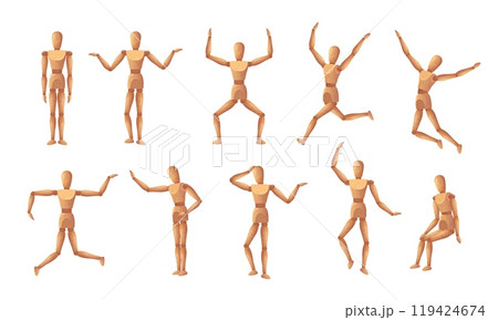 Wooden mannequin. Reference dummy body positions, wood human model statue toy with joint. Art mannequins in various dynamic poses cartoon isolated vector illustration set 119424674