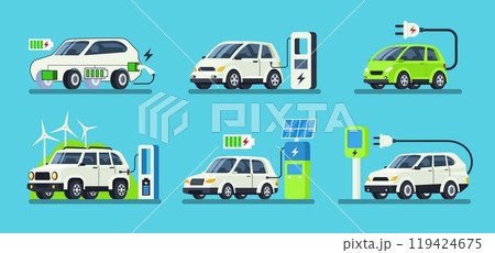 Electric car. EV and hybrid vehicles charging stations, sustainable charging with wind turbines and solar panels renewable green energy sources vector illustrations set 119424675